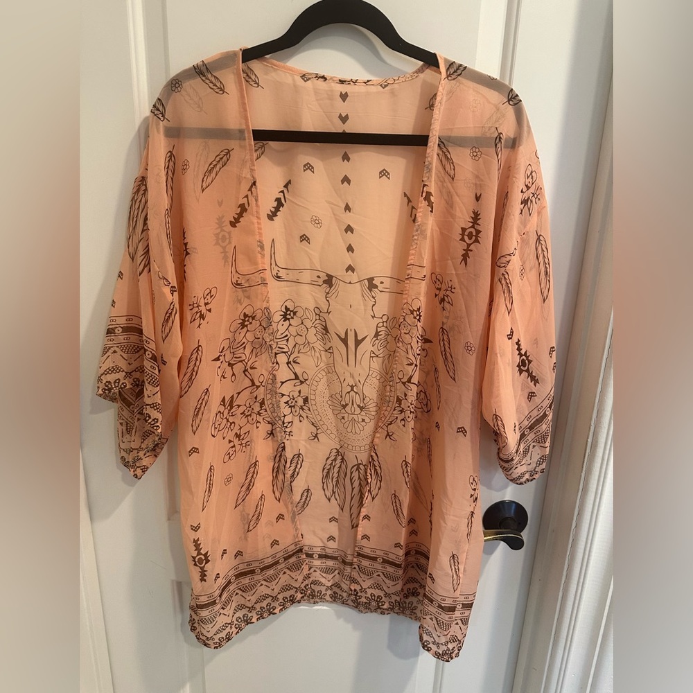 Bohemian Sheer Peach and Brown Western Cowboy Kimono